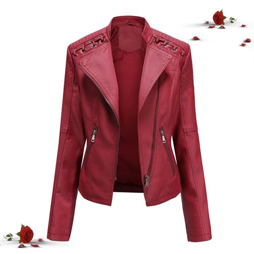 HESYSUAN Gewaschene Lederjacke, kurze Lederjacke mit Reißverschluss, Motorrad-Bikerjacke, kurz, schmale Passform, lässiger Ledermantel mit Reißverschluss (Rot, Größe 4XL) von HESYSUAN