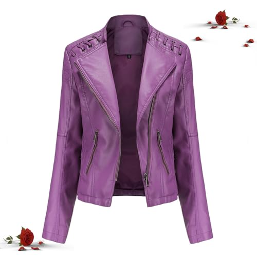 HESYSUAN Gewaschene Lederjacke für Damen, kurze Lederjacke mit Reißverschluss, Motorrad-Bikerjacke, kurz, schmale Passform, lässiger Ledermantel mit Reißverschluss (Dunkelviolett, Größe M) von HESYSUAN