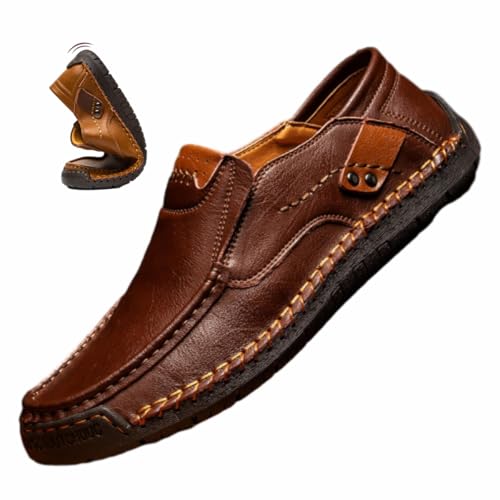 HESYSUAN Handgefertigte Herren-Slipper aus echtem Leder, lässig, atmungsaktiv, handgefertigt, Leder, leicht, bequem, Bootsschuhe (Dunkelbraun, 39 EU) von HESYSUAN