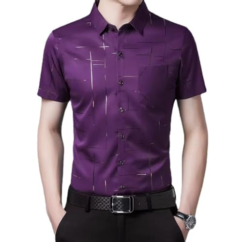 HESYSUAN Herren-Hemd aus Eisseide,lässig,mit Bronzing-Aufdruck,Sommer-Kurzarm-T-Shirt mittleren Alters, lässiges Button-Down-Luxus-formelles Hemd (Purple,XL/175) von HESYSUAN