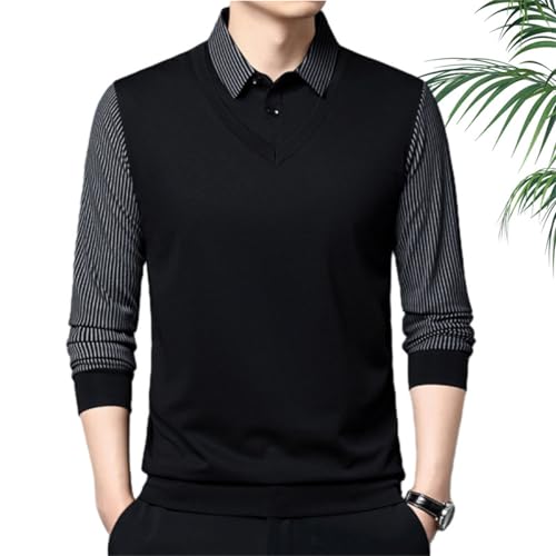 HESYSUAN Herren-Poloshirt mit Revers, 2-teiliges Strickhemd, 1/4-Knopfleiste, gestreift, langärmelig, schmale Passform, lässig, 2-teiliges Poloshirt (schwarz, 3XL) von HESYSUAN