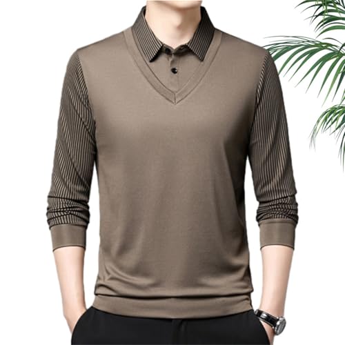 HESYSUAN Herren-Poloshirt mit Revers, 2-teiliges Strickshirt, 1/4-Knopfleiste, gestreift, langärmelig, schmale Passform, lässig, 2-teiliges Poloshirt (Khaki, L) von HESYSUAN