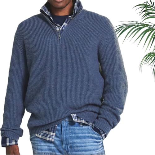 HESYSUAN Herren-Pullover aus Kaschmir, Business-Casual-Reißverschluss, Viertel-Reißverschluss, langärmelig, Strickpullover mit Rollkragen (blau, Größe S) von HESYSUAN