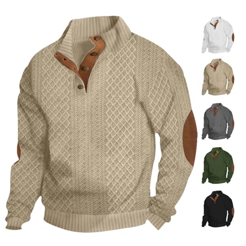 HESYSUAN Herren-Pullover für den Außenbereich, lässig, Stehkragen, Kaschmir-Knöpfe, langärmelig, Kaschmir-Pullover für Herren, 1/4-Knopf-V-Ausschnitt, Khaki, XXXL von HESYSUAN