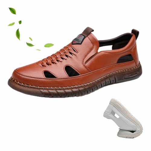 HESYSUAN Herren-Sandalen für den Sommer, echtes Leder, atmungsaktiv, geschlossene Zehen, ausgehöhlt, rutschfest, Outdoor-Sandalen (Braun, 39 EU) von HESYSUAN