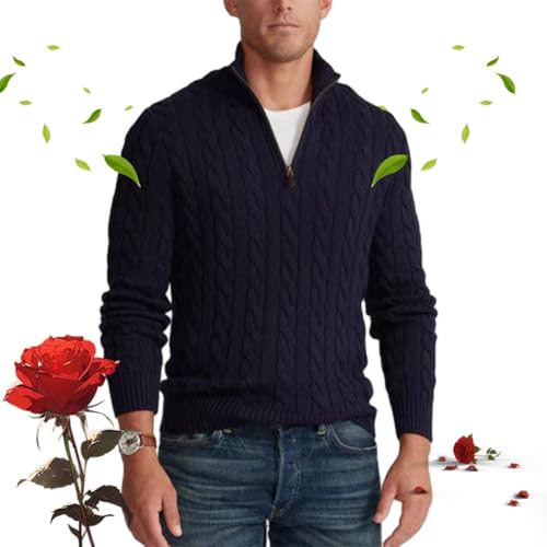 HESYSUAN Herren-Strickpullover mit Viertelreißverschluss, Herbst/Winter, lässiger Rollkragen, Warmer Langarmpullover, Business-Slim-Fit-Strickpullover mit Zopfmuster (Navy Blue,3XL) von HESYSUAN