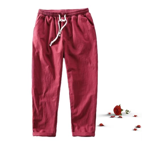 HESYSUAN Herrenhose aus Baumwoll-Leinen, lässige Baumwoll-Leinen-Hose mit Taschen, Sommer, locker, gerader Kordelzug (Rot, Größe L) von HESYSUAN