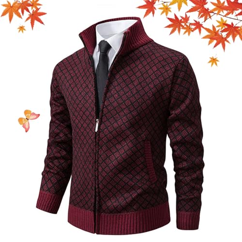 HESYSUAN Jacquard-Strickpullover, Herren-Strickjacke, Reißverschluss, Stehkragen, Strickjacke, Herbst/Winter, Strickjacke, Business-Jacke (Rot, XXL) von HESYSUAN