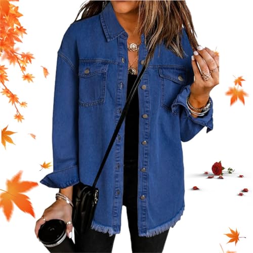 HESYSUAN Lässige Jeansjacke für Damen, mit Knopfleiste, lange Ärmel, übergroß, Knopfleiste, ausgefranster Saum, Jeans-Hemdjacke mit Taschen von HESYSUAN