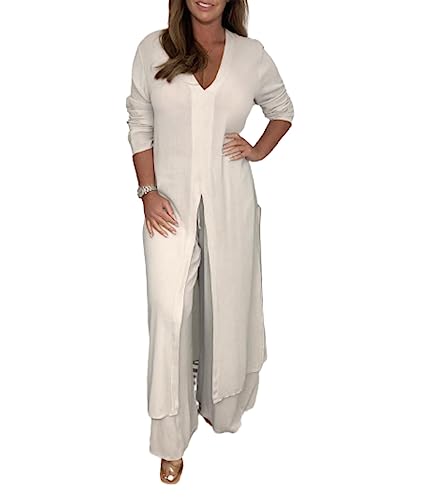 HESYSUAN Lässiger Zweiteiliger Anzug mit langem Oberteil und passender Hose, Plus Größe komfortable 2 Stück Outfits (White,3XL) von HESYSUAN
