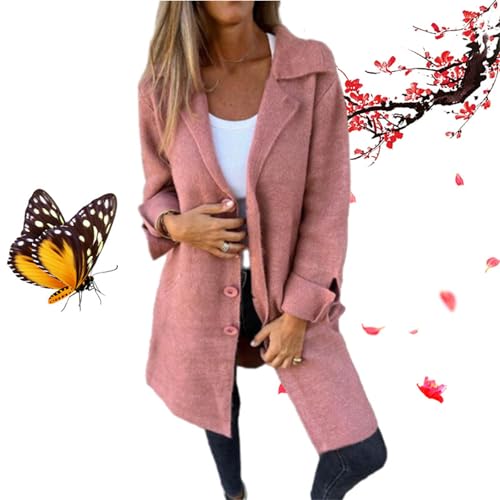 HESYSUAN Lässiger einreihiger langer Mantel mit Revers, für Herbst und Winter, langärmelig, leicht, mittellang, Trenchcoat mit Tasche (Rosa, L) von HESYSUAN