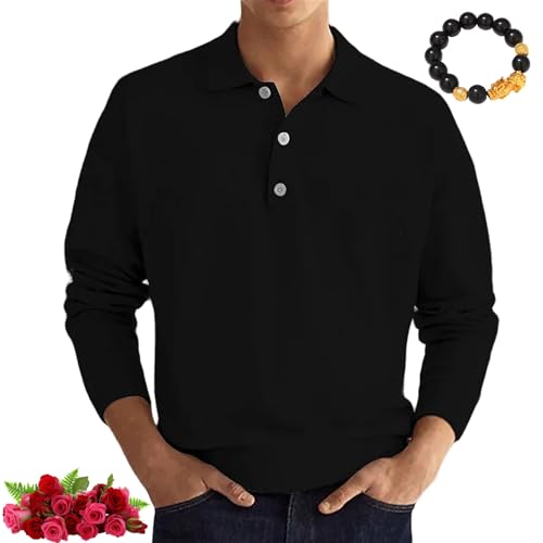 HESYSUAN Lässiges Herren-Poloshirt mit lockerem Revers, langärmelig, bequeme Passform, Rollkragenpullover, 1/4-Knopf-Kragen, Smart-Golf-Shirt, Schwarz, Größe XL von HESYSUAN