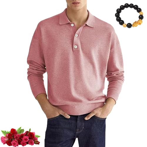 HESYSUAN Lässiges Herren-Poloshirt mit lockerem Revers, langärmelig, bequeme Passform, Rollkragenpullover, 1/4-Knopf-Kragen, Smart-Golf-Shirts (Rosa, XXXL) von HESYSUAN