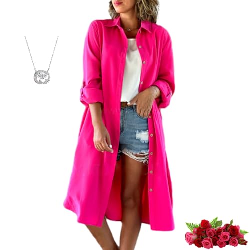 HESYSUAN Lässiges Revers für Damen, einfarbig, lässiger Schlitz, langes Hemdkleid mit Tasche, einfarbig, Button-Down-Blusen (Rosa, XXL) von HESYSUAN