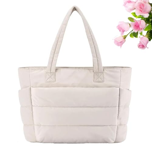 HESYSUAN Leichte, bauschige Tragetasche, Tragetasche für Damen, Reisetasche mit Fächern, Tragetasche für Reisen, Arbeit, Fitnessstudio, Schule (Beige, Einheitsgröße) von HESYSUAN