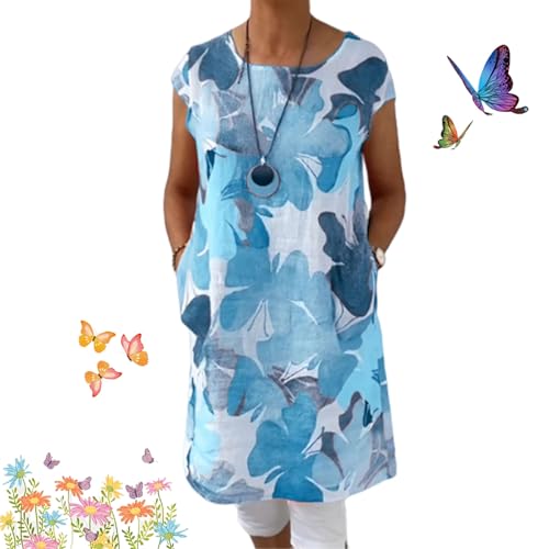 HESYSUAN Lockeres knielanges Kleid mit Schmetterlings-Aufdruck, Sommer, lockere Passform, Rundhalsausschnitt, Blumendruck, Strandkleid mit Taschen (Blau, Größe 2XL) von HESYSUAN