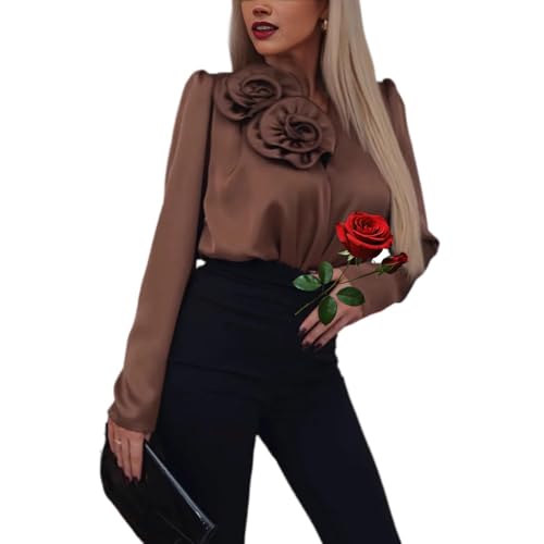 HESYSUAN Luxuriöse Satinbluse mit V-Ausschnitt für Damen, Elegante Seidenbluse mit Rosenverzierung, Elegante Langarmbluse fürs Büro (Brown,S) von HESYSUAN