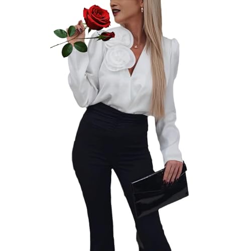 HESYSUAN Luxuriöse Satinbluse mit V-Ausschnitt für Damen, Elegante Seidenbluse mit Rosenverzierung, Elegante Langarmbluse fürs Büro (White,L) von HESYSUAN