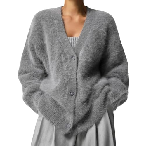 HESYSUAN Luxuriöser Kaschmir-Cardigan für Damen, flauschiger Strickjacke, Plüsch, V-Ausschnitt, offene Vorderseite, Knopf, Pullover-Jacken von HESYSUAN