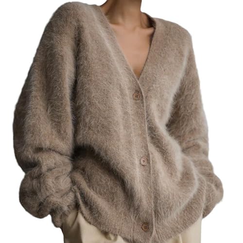 HESYSUAN Luxuriöser Kaschmir-Cardigan für Damen, flauschiger Strickjacke, Plüsch, V-Ausschnitt, offene Vorderseite, Knopf, Pullover-Jacken von HESYSUAN