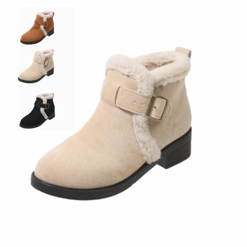 HESYSUAN Retro Plus Samt Winter Damen Anti-Rutsch Stiefeletten, Damen Winter Warm Klobige Stiefeletten Warme Fleece Pelz Gefütterte Braune Stiefel (Beige,39EU) von HESYSUAN