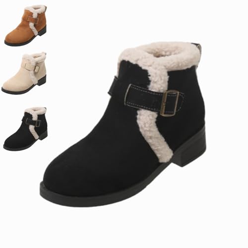 HESYSUAN Retro Plus Samt Winter Damen Anti-Rutsch Stiefeletten, Damen Winter Warm Klobige Stiefeletten Warme Fleece Pelz Gefütterte Braune Stiefel (Black,38EU) von HESYSUAN