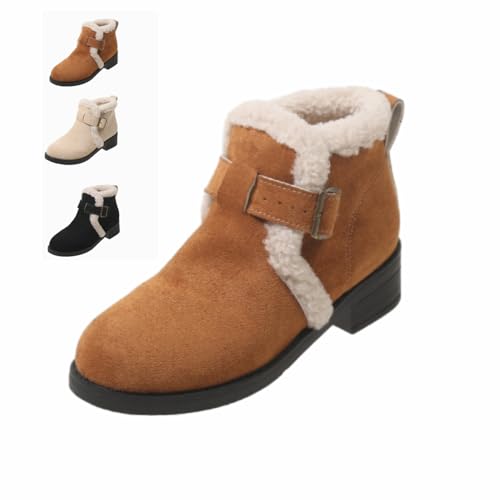 HESYSUAN Retro Plus Samt Winter Damen Anti-Rutsch Stiefeletten, Damen Winter Warm Klobige Stiefeletten Warme Fleece Pelz Gefütterte Braune Stiefel (Brown,35EU) von HESYSUAN