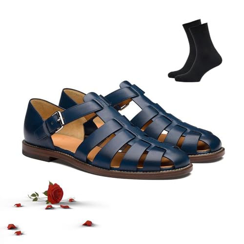 HESYSUAN Römische Sandalen für Herren, Knöchelschnalle, ausgehöhlt, Outdoor-Angler, verstellbare Pantoletten, Wandersandalen mit geschlossener Zehenpartie, Blau, 41 EU von HESYSUAN