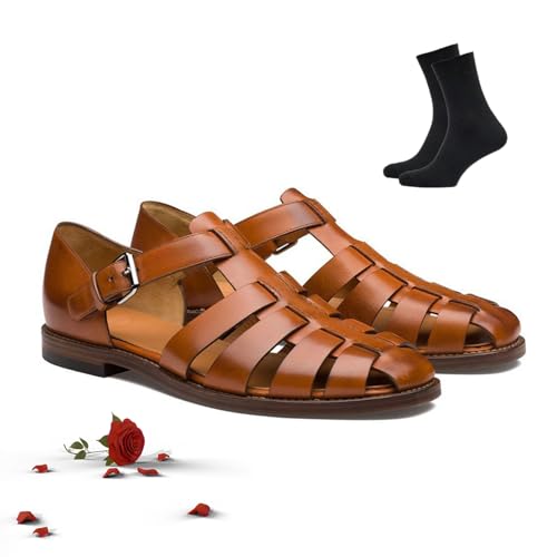 HESYSUAN Römische Sandalen für Herren, Knöchelschnalle, ausgehöhlt, Outdoor-Angler, verstellbare Pantoletten, Wandersandalen mit geschlossener Zehenpartie, Braun, 41 EU von HESYSUAN