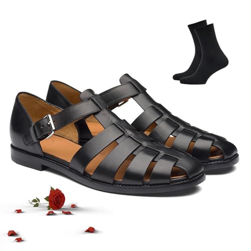 HESYSUAN Römische Sandalen für Herren, Knöchelschnalle, ausgehöhlt, Outdoor-Angler, verstellbare Pantoletten, Wandersandalen mit geschlossener Zehenpartie, Schwarz, 39 EU von HESYSUAN