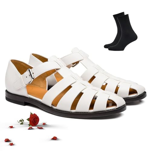 HESYSUAN Römische Sandalen für Herren, Knöchelschnalle, ausgehöhlt, Outdoor-Angler, verstellbare Pantoletten, Wandersandalen mit geschlossener Zehenpartie, Weiß, Größe 44 EU von HESYSUAN