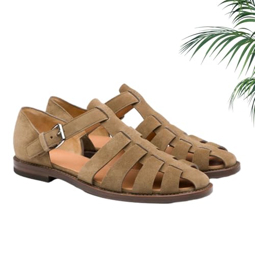 HESYSUAN Römische Sandalen für Herren, Sommer, Outdoor, geschlossene Zehenpartie, Knöchelschnalle, ausgehöhlte Ledersandalen, lässig, rutschfest, flach, Strandschuhe (Khaki, 38 EU) von HESYSUAN