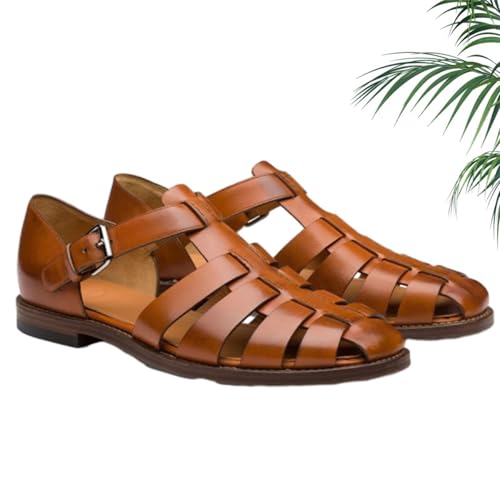 HESYSUAN Römische Sandalen für Herren, Sommer, Outdoor, geschlossene Zehenpartie, Knöchelschnalle, ausgehöhlte Ledersandalen, lässig, rutschfest, flach, Strandschuhe (braun, 47 EU) von HESYSUAN