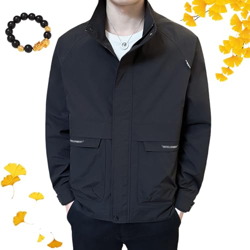 HESYSUAN Stilvolle Herren-Bomberjacke mit durchgehendem Reißverschluss und Taschen, leicht, lässig, Frühling, Herbst, Windbreaker, Golfjacke für Herren (Schwarz, Größe 2XL) von HESYSUAN