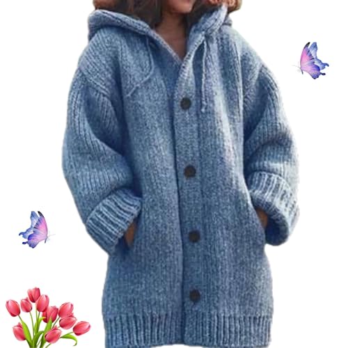 HESYSUAN Strickjacke mit Knopfleiste, Grobstrick, mit Kapuze, für Damen, Herbst, warm, Zopfmuster, grobe Strickjacke, warme Strickjacke von HESYSUAN