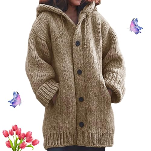 HESYSUAN Strickjacke mit Knopfleiste, Grobstrick, mit Kapuze, für Damen, Herbst, warm, Zopfmuster, grobe Strickjacke, warme Strickjacke von HESYSUAN