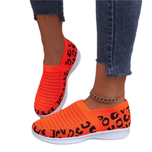 HESYSUAN Turnschuhe mit Leopardenmuster, leichte Turnschuhe für Damen, lässig, bequem, atmungsaktiv, Schlupf-Sneaker, Fitnessstudio, Walking-Turnschuhe (Orange, 35 EU) von HESYSUAN