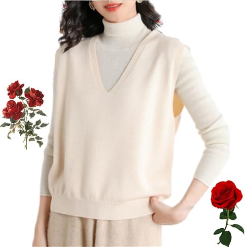 HESYSUAN Ultraweiche Damen-Strickweste mit V-Ausschnitt, 2024, Herbst, einfarbig, klassisch, locker, ärmellos, Wollpullover, Weste, Top (Beige, Größe 2XL) von HESYSUAN