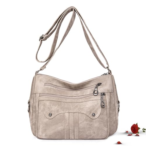 HESYSUAN Vielseitige Vintage-Umhängetasche mit großem Fassungsvermögen, weiches PU-Leder, mehrere Taschen, Reisetasche, Geldbörse, Khaki, Einheitsgröße von HESYSUAN