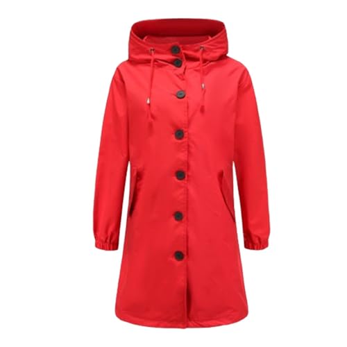 HESYSUAN Wasserabweisende, übergroße Windjacke mit Kapuze, für Damen, wasserdicht, lange Ärmel, Trenchcoat, Outdoor, leichter Regenmantel (Rot, M) von HESYSUAN