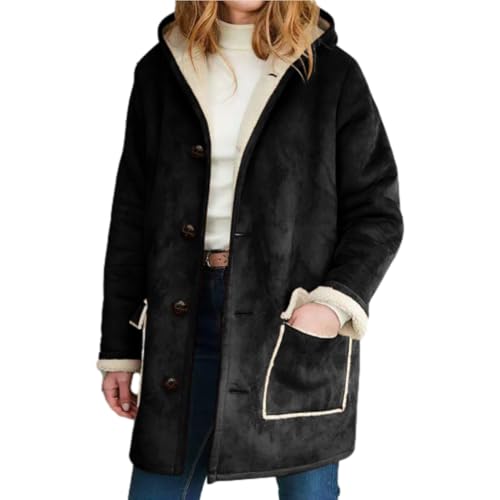 HESYSUAN Wildlederjacke mit Kapuze für Damen, Flauschige Wintermäntel für Damen 2024, Übergröße, lockerer Trenchcoat aus Wildleder-Lammfell in Plüsch (Black,M) von HESYSUAN