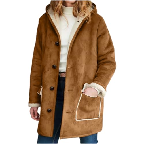 HESYSUAN Wildlederjacke mit Kapuze für Damen, Flauschige Wintermäntel für Damen 2024, Übergröße, lockerer Trenchcoat aus Wildleder-Lammfell in Plüsch (Brown,3XL) von HESYSUAN