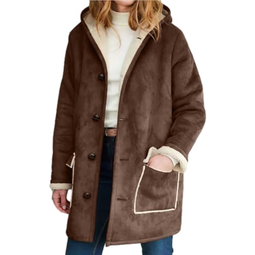 HESYSUAN Wildlederjacke mit Kapuze für Damen, Flauschige Wintermäntel für Damen 2024, Übergröße, lockerer Trenchcoat aus Wildleder-Lammfell in Plüsch (Coffee,S) von HESYSUAN