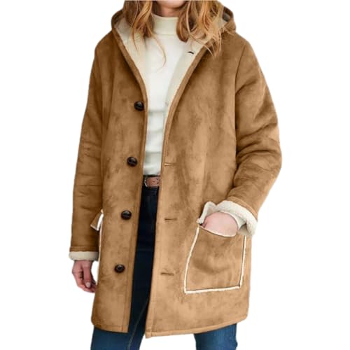 HESYSUAN Wildlederjacke mit Kapuze für Damen, Flauschige Wintermäntel für Damen 2024, Übergröße, lockerer Trenchcoat aus Wildleder-Lammfell in Plüsch (Khaki,XXL) von HESYSUAN