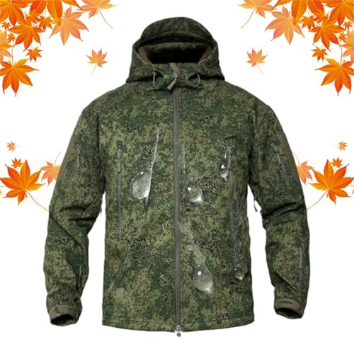 HESYSUAN Winddichte, wasserdichte Herren-Jacke, Outdoor, leicht, mit Fleece gefüttert, winddicht, atmungsaktiv, mit Kapuze, Softshell-Wanderjacke (Camouflage-2, S) von HESYSUAN