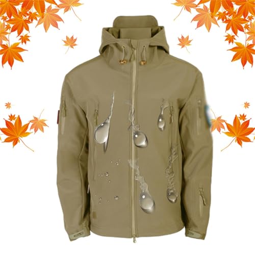 HESYSUAN Winddichte, wasserdichte Herren-Jacke, Outdoor, leicht, mit Fleece gefüttert, winddicht, atmungsaktiv, mit Kapuze, Softshell-Wanderjacke (Khaki, Größe 2XL) von HESYSUAN