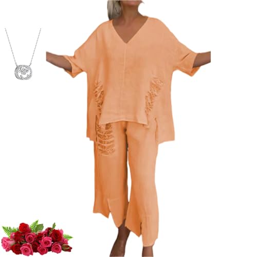 HESYSUAN Zweiteiliger Damenanzug mit V-Ausschnitt, Pailletten, elegant, lässig, unregelmäßiges Loch, Pailletten, Patchwork-Hose, 2-teiliges Set (Orange, 4XL) von HESYSUAN