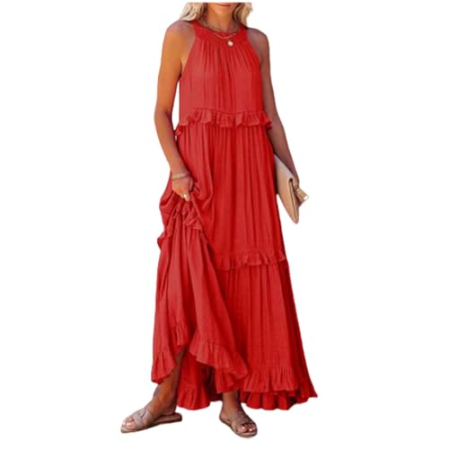 HEXHUASR Kleid Sommerresortstil Gekräuseltes Langes Kleid Mit Breitem Saum Und Elegantem Strandrock Für Frauen- Orange Rot-m von HEXHUASR