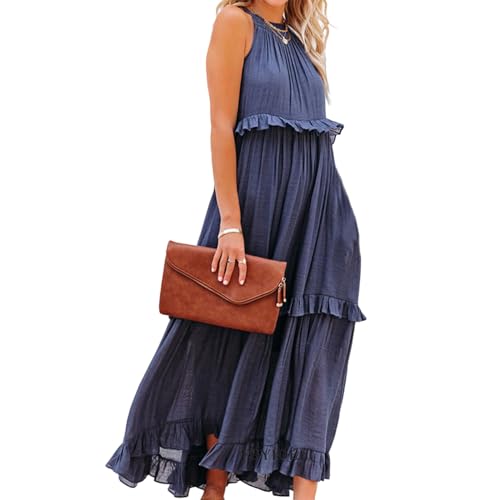 HEXHUASR Kleid Sommerresortstil Gekräuseltes Langes Kleid Mit Breitem Saum Und Elegantem Strandrock Für Frauen-blau-XL von HEXHUASR