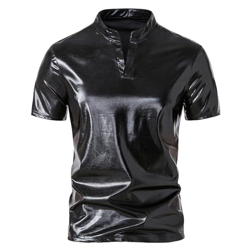 HEXHUASR T-Shirts Für Herren Frühlings- Und Sommer-herrenfarbe Glänzend Mit Kurzärztem T-Shirt Herren-Nachtclub-schwarz-XL von HEXHUASR
